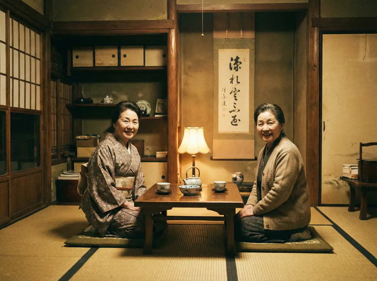 两位优雅的 黑珍珠 在日式茶室中品茶交谈